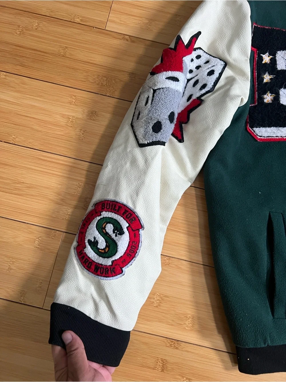 Reason Green & Cream Patchwork Varsity Bomber Jacket